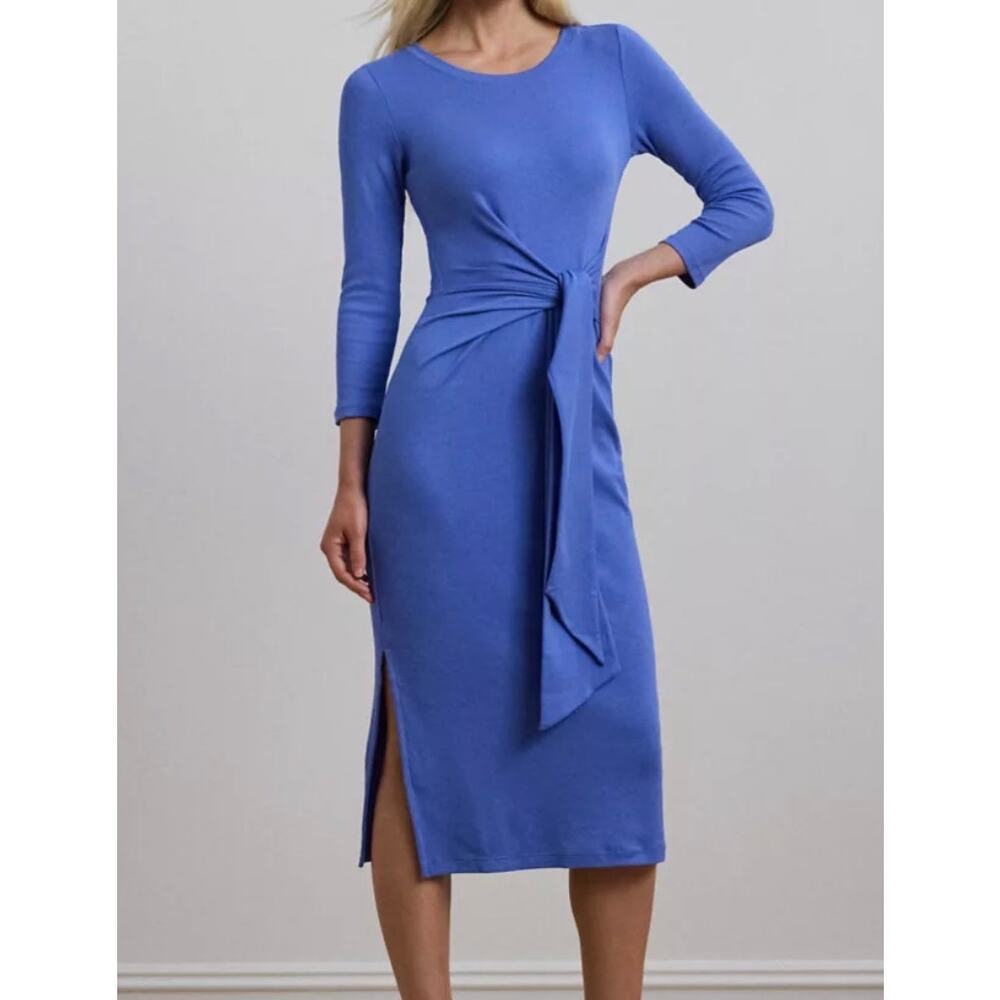 NWT Lauren Ralph Lauren Blue Rib Knit Tie Waist Midi Dress Long Sleeve Small
